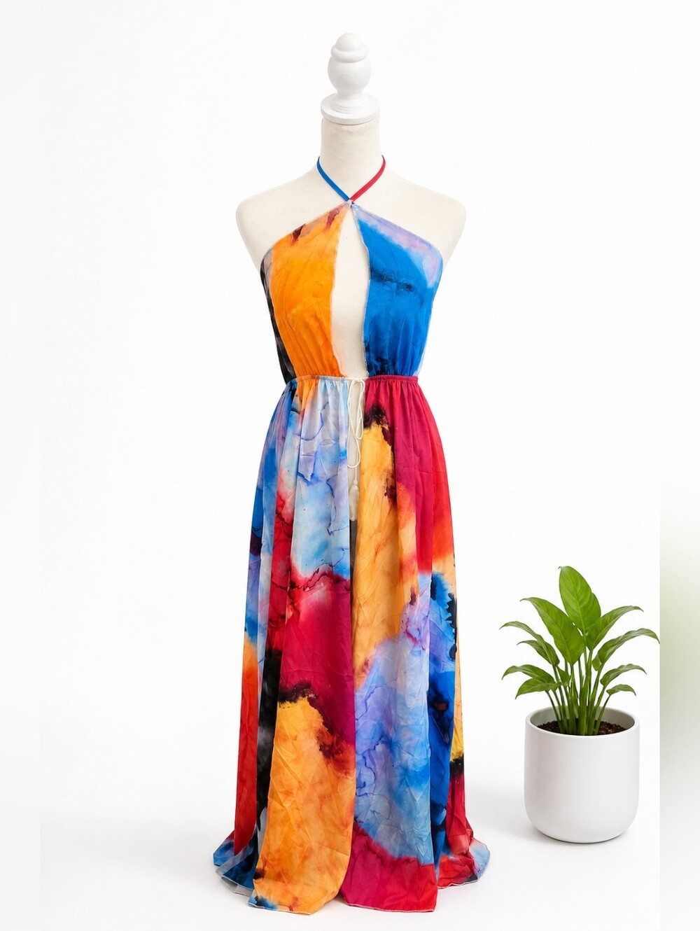 Multicolor Halter Maxi Dress with Front Cutout
